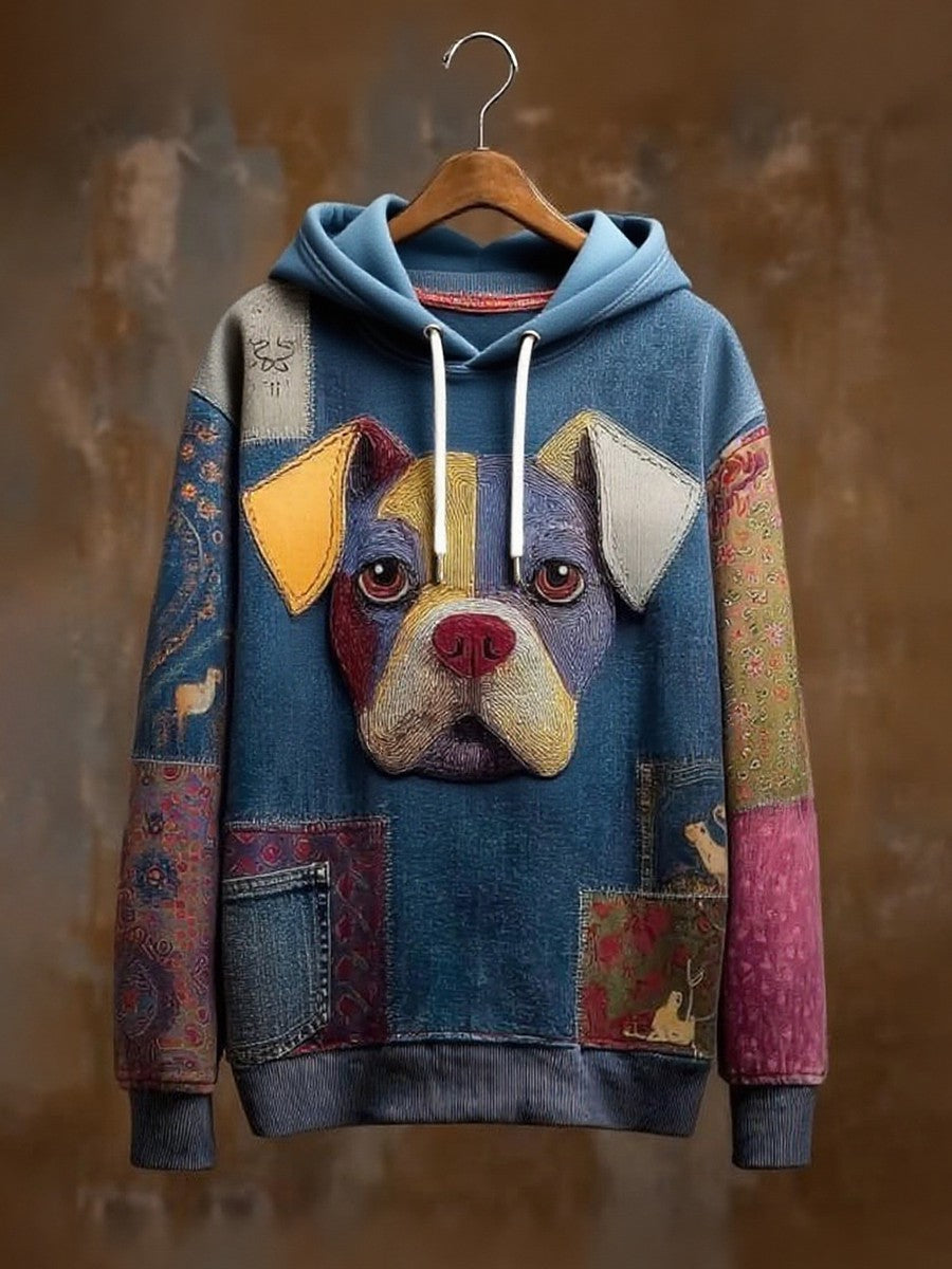 Vintage Patchwork Dog Print Art Casual Hoodie gracestitchs