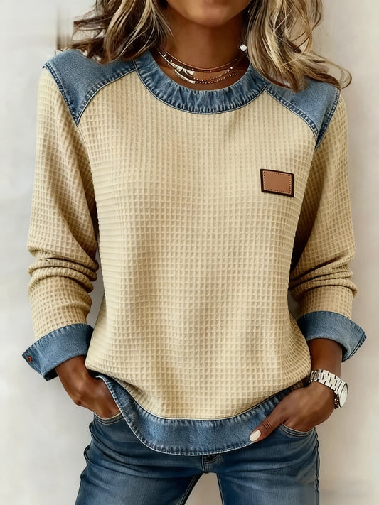 Women's Fashion Patchwork Design Waffle Sweatshirt gracestitchs