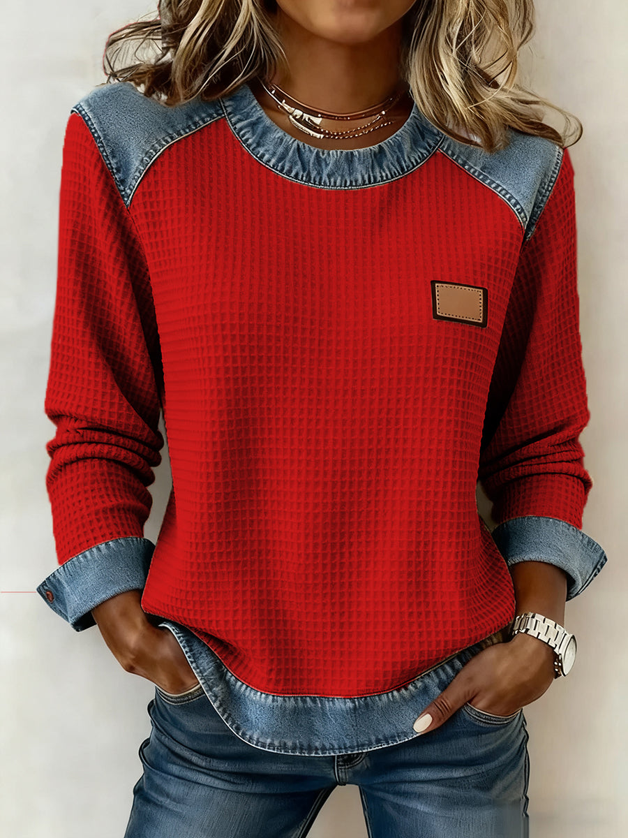 Women's Fashion Patchwork Design Waffle Sweatshirt gracestitchs