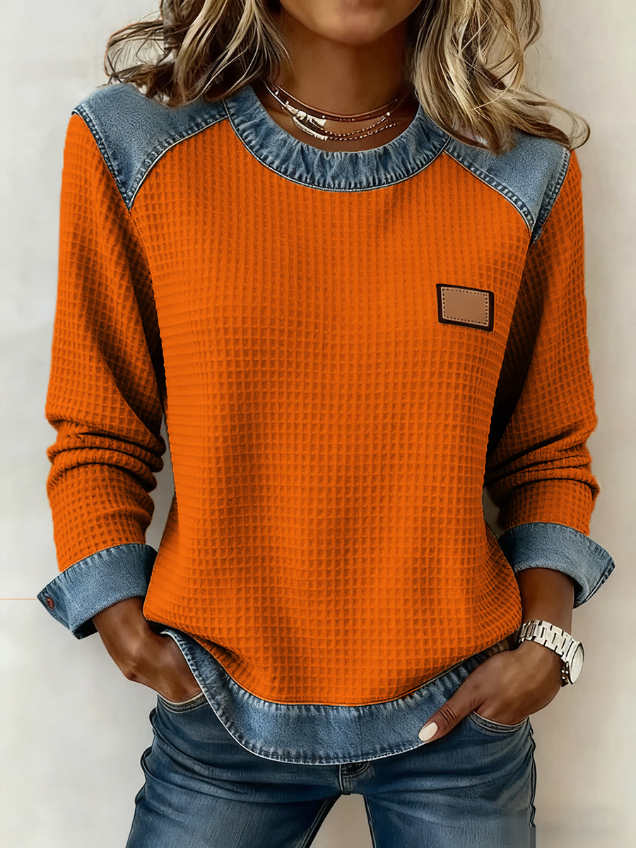 Women's Fashion Patchwork Design Waffle Sweatshirt gracestitchs