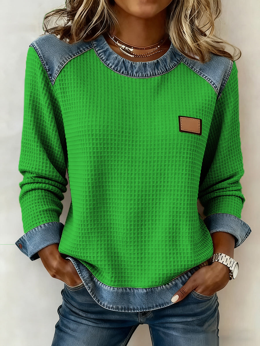Women's Fashion Patchwork Design Waffle Sweatshirt gracestitchs