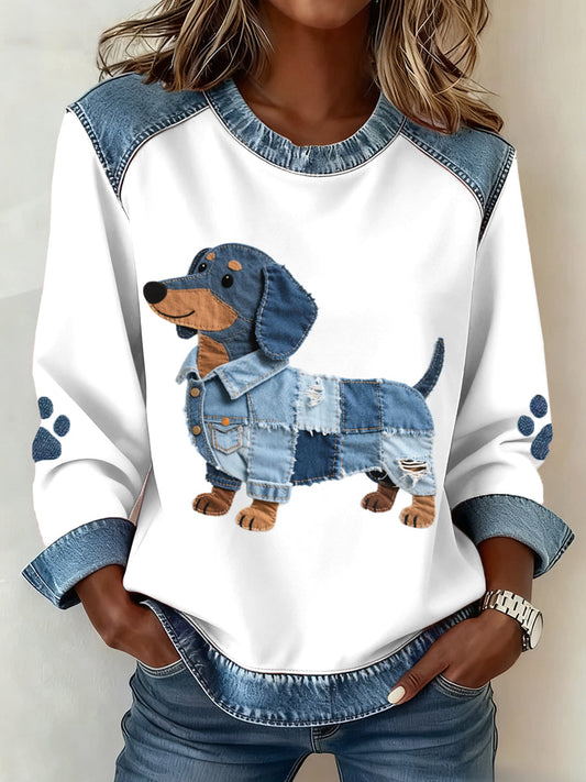 Women's Dachshund Pattern Denim Patchwork Art Sweatshirt gracestitchs