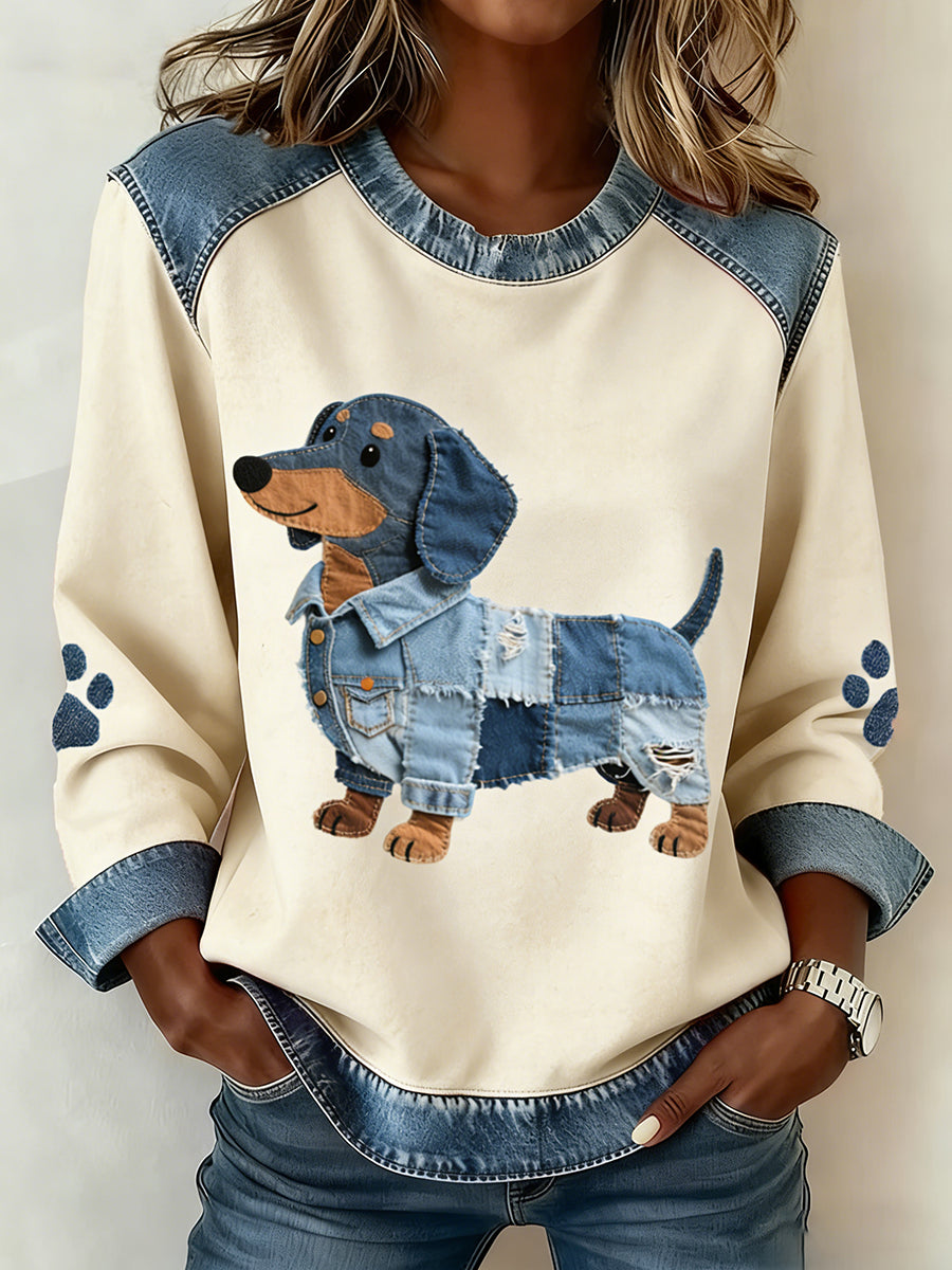 Women's Dachshund Pattern Denim Patchwork Art Sweatshirt gracestitchs