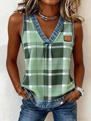 Women's Plaid Pattern Denim Patchwork Top gracestitchs
