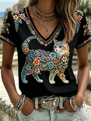 Women's Floral Cats Print Casual V-Neck Tee gracestitchs