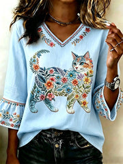 Women's Floral Cats Print Casual Top gracestitchs