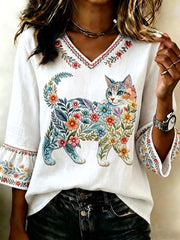 Women's Floral Cats Print Casual Top gracestitchs