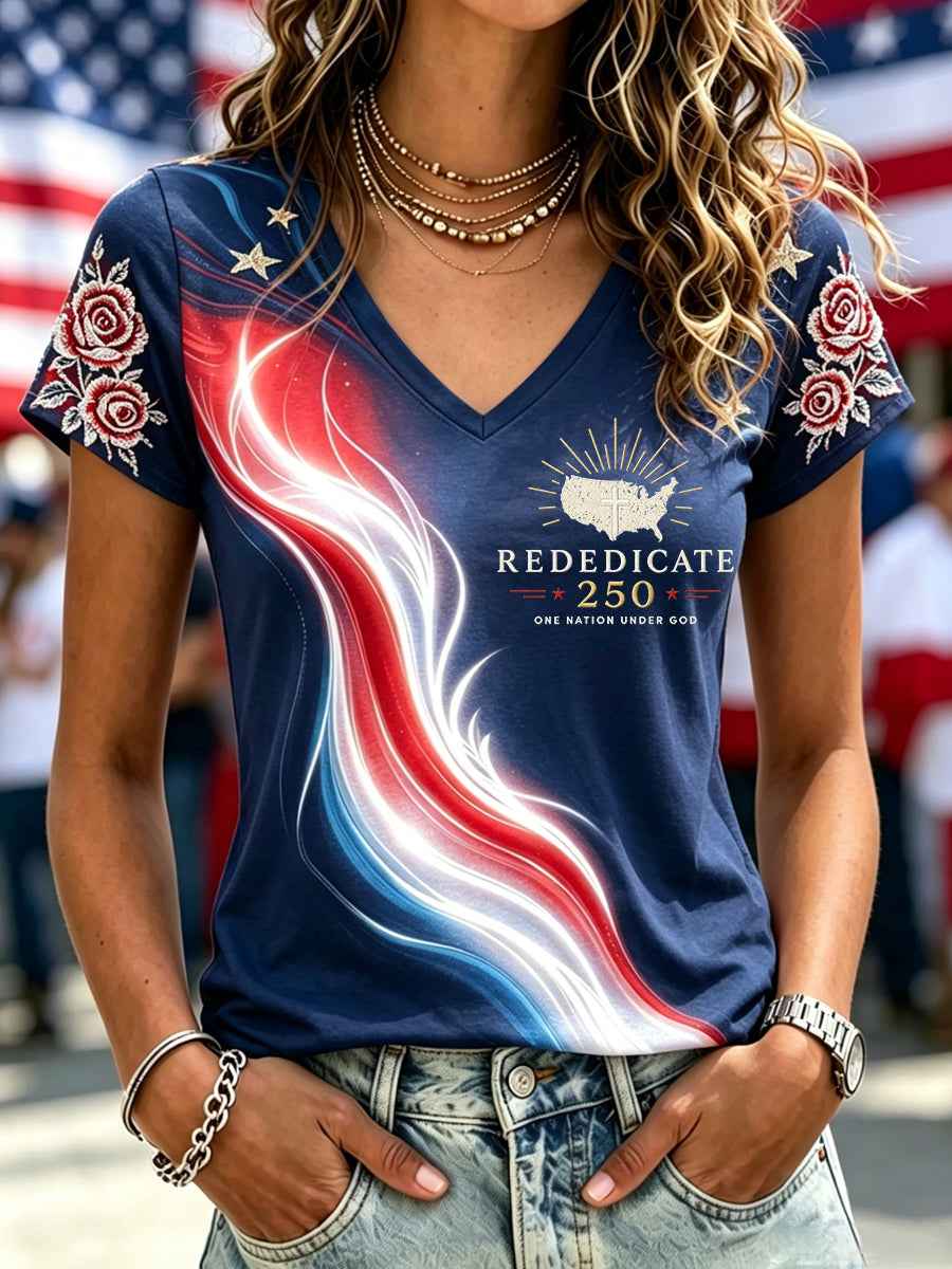 Women's One Nation Under God Independence Day USA Flag Print Casual V-Neck Patriotic Tee
