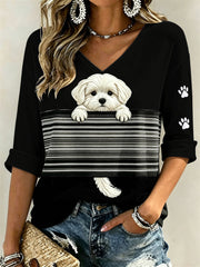 Women's Peeking Maltese Dog & Paw Prints Colorblock Print Mid-length Sleeves V-Neck T-Shirt gracestitchs