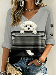 Women's Peeking Maltese Dog & Paw Prints Colorblock Print Mid-length Sleeves V-Neck T-Shirt gracestitchs