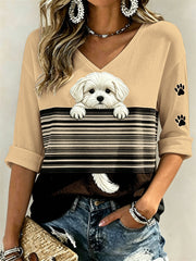 Women's Peeking Maltese Dog & Paw Prints Colorblock Print Mid-length Sleeves V-Neck T-Shirt gracestitchs