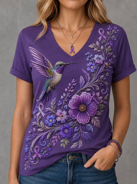 Women's Purple Floral & Hummingbird Print Alzheimer's Awareness Support V-Neck Tee gracestitchs