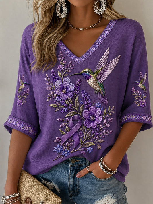 Women's Purple Floral & Hummingbird Print Alzheimer's Awareness Support Half-Sleeves V-Neck T-Shirt gracestitchs