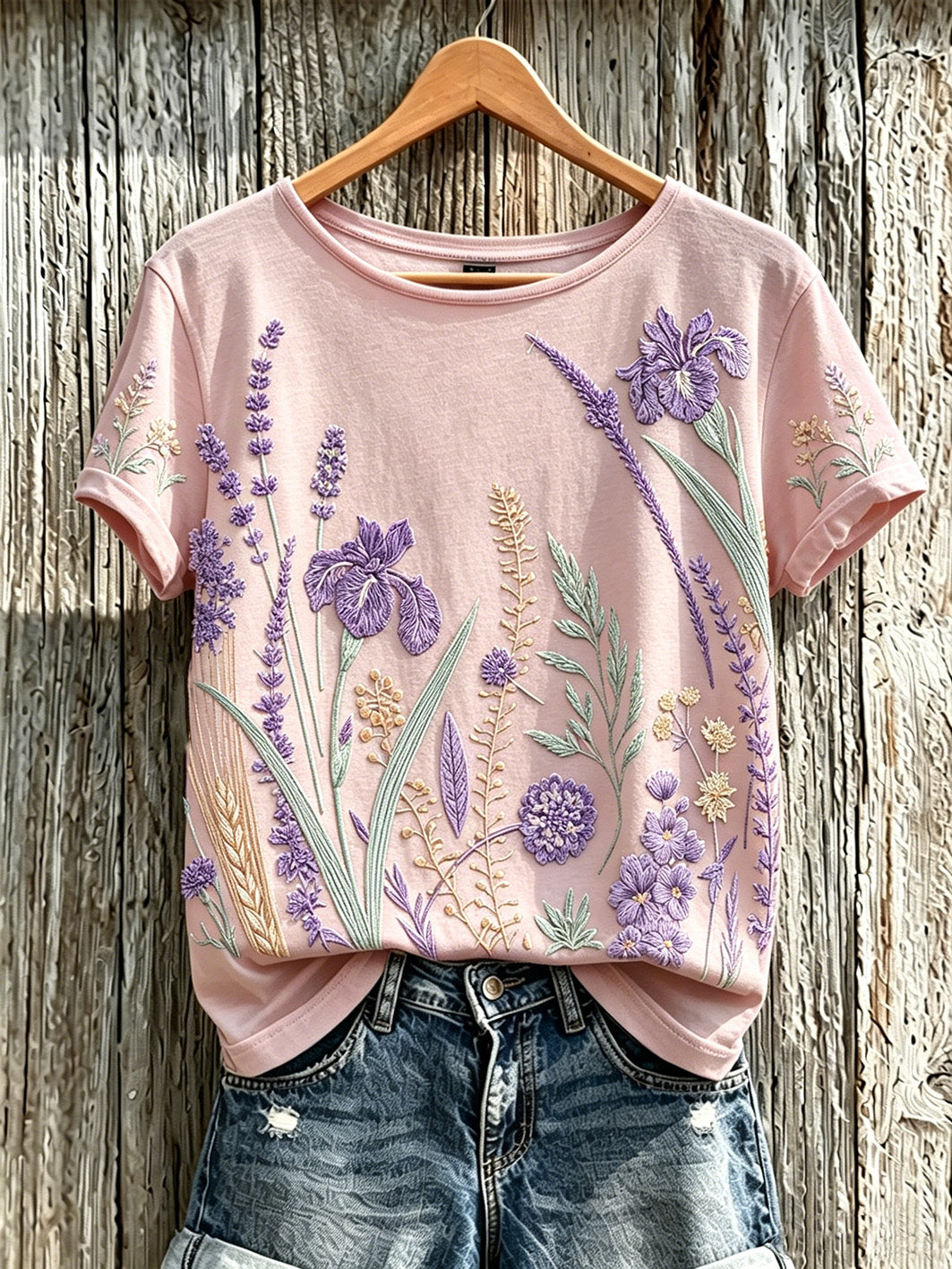 Women's purple plant flower pattern printed casual T-shirt gracestitchs