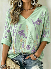 Women's Purple Plant Pattern Printed Mid-length Sleeves V-Neck T-Shirt gracestitchs