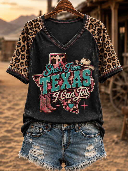 Women's She's From Texas I Can Tell Print Casual V-Neck Tee gracestitchs