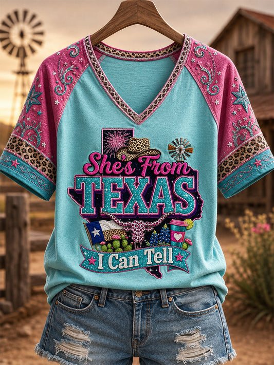 Women's She's From Texas I Can Tell Print Casual V-Neck Tee gracestitchs