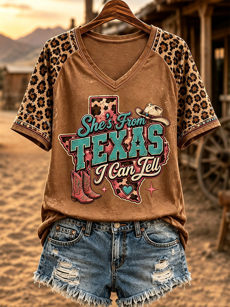Women's She's From Texas I Can Tell Print Casual V-Neck Tee gracestitchs