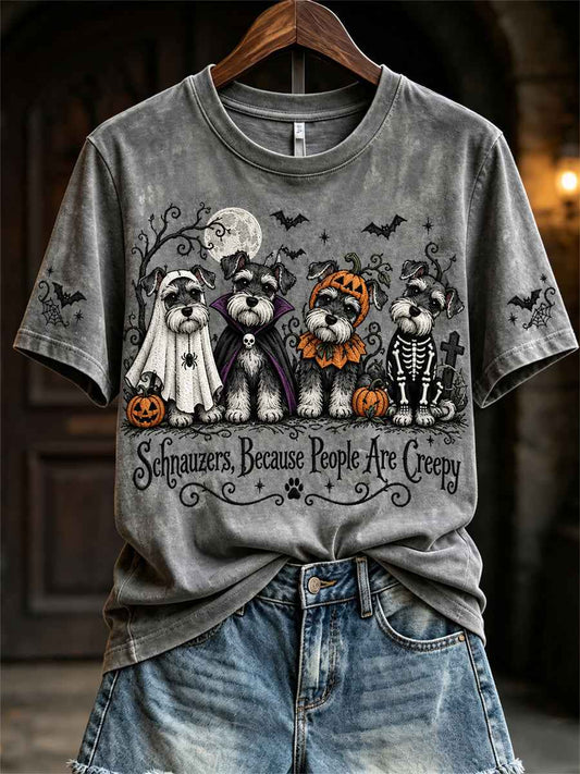 Women's Schnauzers Because People Are Creepy Halloween Dogs Print short-sleeved T-shirt
