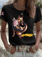Women's Dog Pink Ribbon Print Casual T-shirt