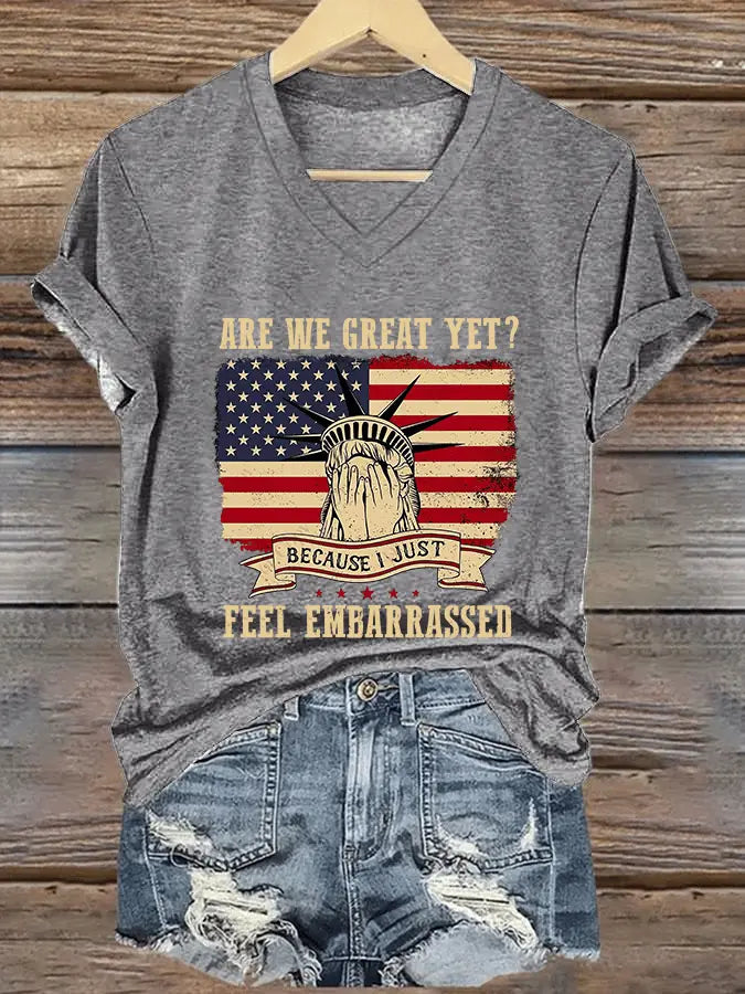 Women's Are We Great Yet? Print V-Neck T-Shirt - gracestitchs