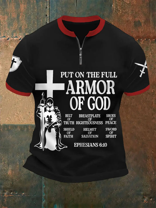 Men's Put On The Full Armor Of God Print Casual Zip Tee prairieply