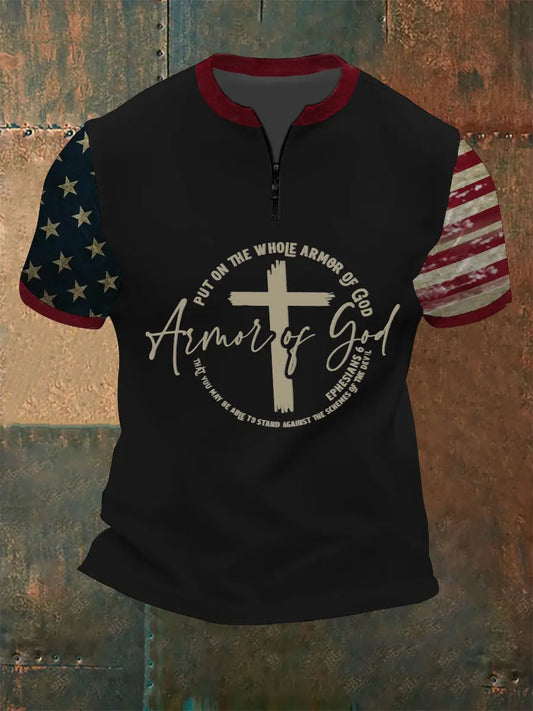 Men's Armor Of God Faith Cross Printed Casual Zip Short Sleeve T-Shirt prairieply