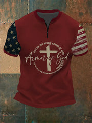 Men's Armor Of God Faith Cross Printed Casual Zip Short Sleeve T-Shirt prairieply