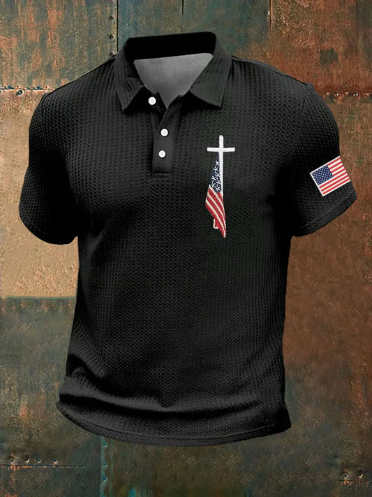 Men's Faith Cross America Flag Printed Waffle Short Sleeve POLO T-Shirt prairieply
