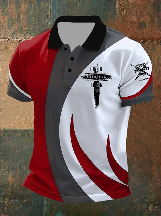 Men's Iron Sharpens Iron Faith Cross Printed Short-sleeved POLO T-shirt prairieply