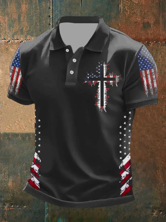 Men's American Flag Cross Short Sleeve Polo Shirt - gracestitchs