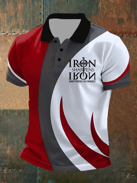 Men's Iron Sharpens Iron Faith Cross Printed Short-sleeved POLO T-shirt prairieply