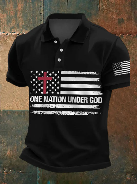 Men's One Nation Under God Cross Faith American Flag Print Casual Polo - gracestitchs