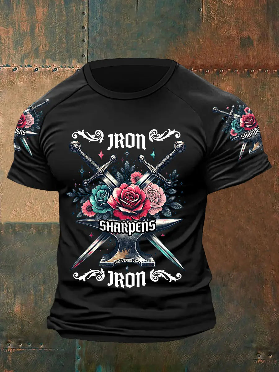 Men's Iron Sharpens Iron Retro Floral Print Casual Tee - gracestitchs