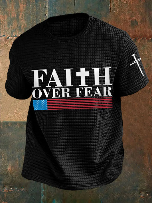 Men's Faith Over Fear American Flag Print Casual Waffle Tee prairieply