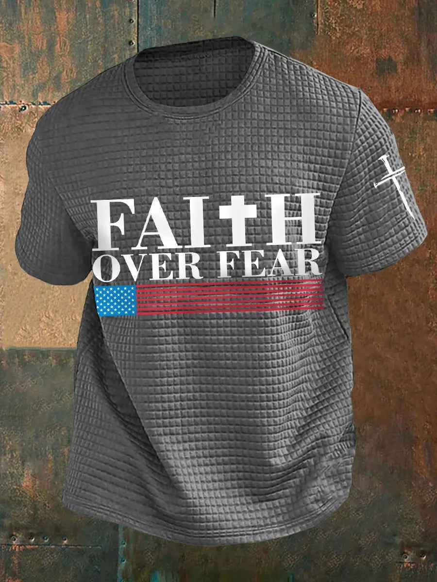 Men's Faith Over Fear American Flag Print Casual Waffle Tee