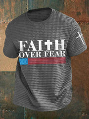 Men's Faith Over Fear American Flag Print Casual Waffle Tee
