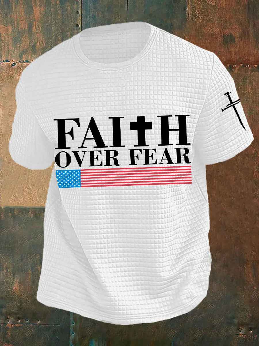 Men's Faith Over Fear American Flag Print Casual Waffle Tee