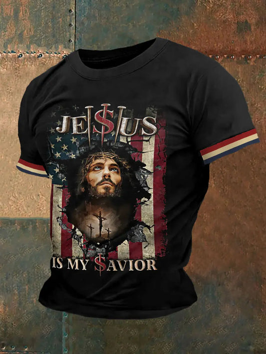Men's Jesus Is My Savior Cross Faith American Flag Print Casual Tee prairieply