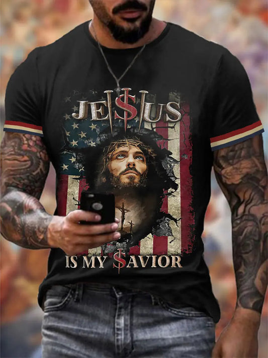 Men's Jesus Is My Savior Cross Faith American Flag Print Casual Tee prairieply