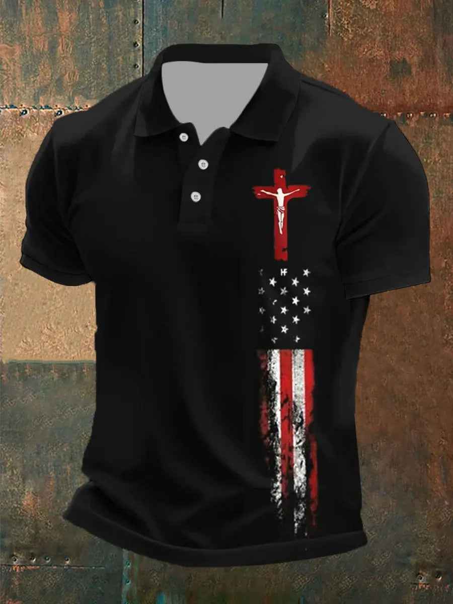 Men's Cross Faith American Flag Print POLO Shirt