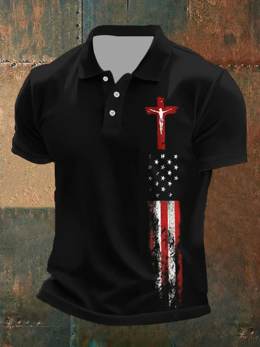 Men's Cross Faith American Flag Print POLO Shirt prairieply