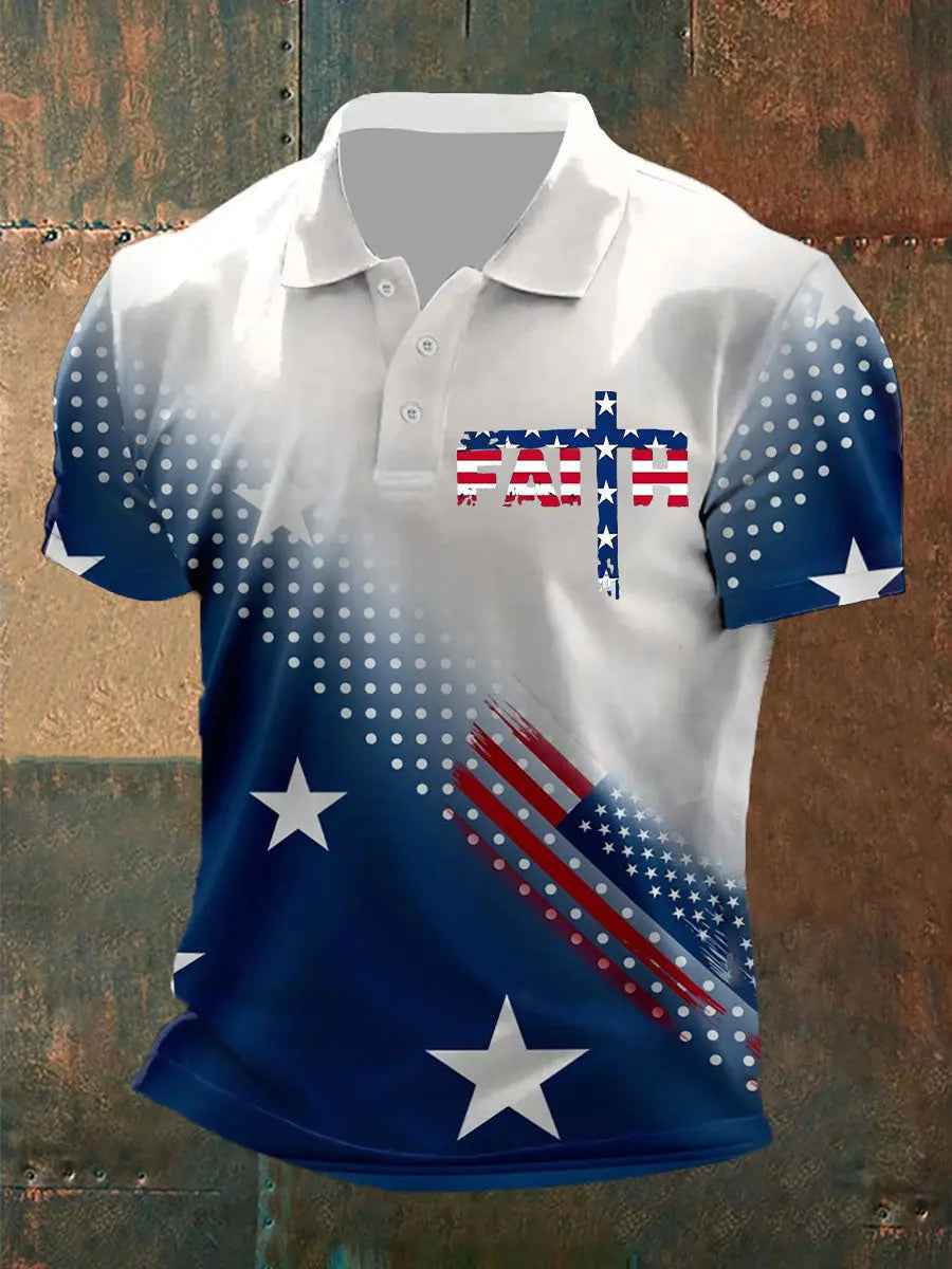 Men's Cross Faith American Flag Print POLO Shirt