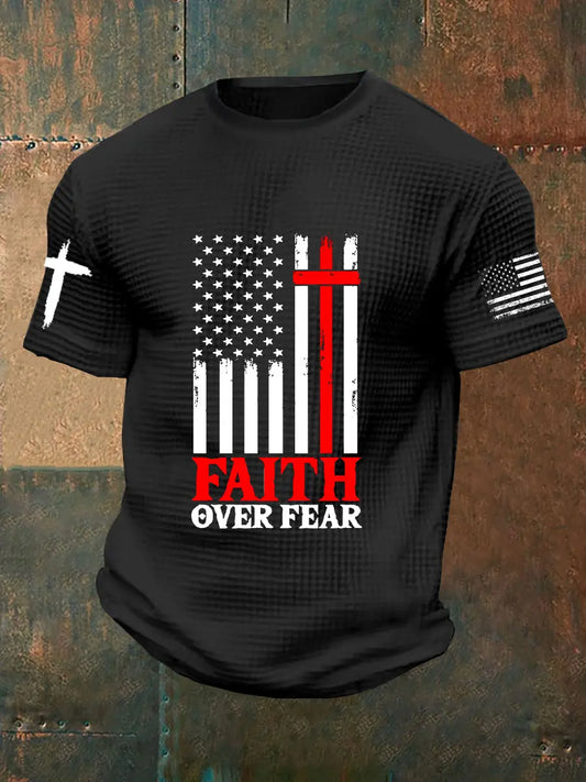 Men's Faith Over Fear America Flag Printed Waffle Short Sleeve - gracestitchs