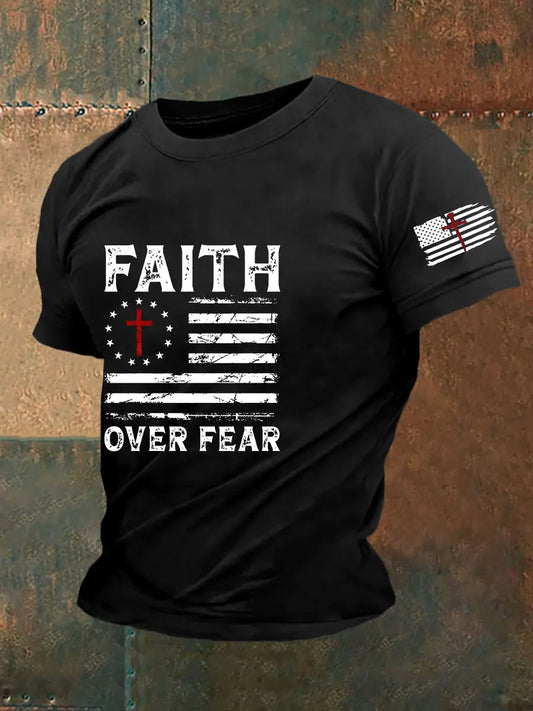 Men's Faith Over Fear America Flag Printed Short Sleeveshort T-shirt prairieply