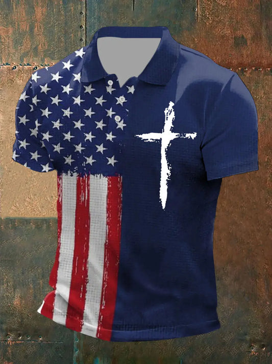 Men's Cross Faith American Flag Print POLO Shirt prairieply