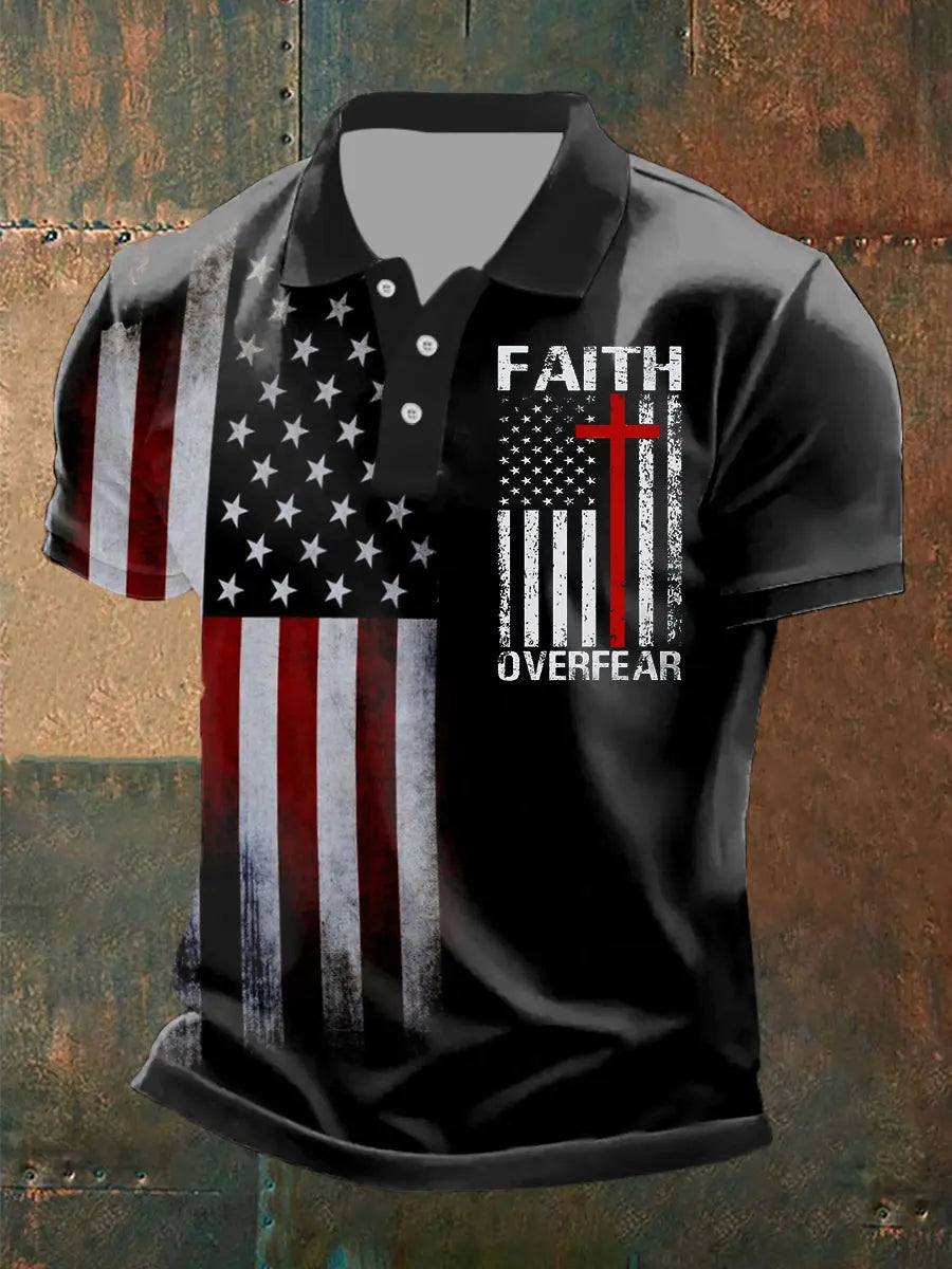 Men's Faith Over Fear American Flag Short Sleeve Polo Shirt - gracestitchs