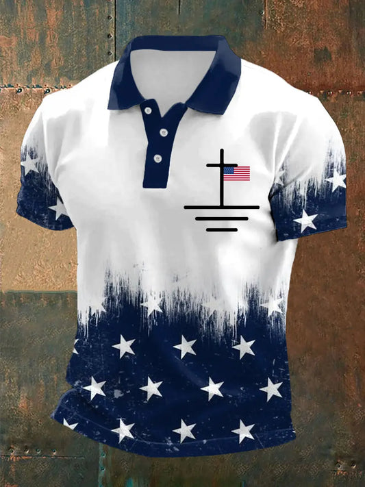 Men's Cross Faith American Flag Print Casual Polo - gracestitchs