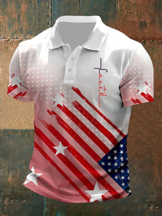 Men's Faith Cross American Flag Printed Casual Polo Shirt - gracestitchs