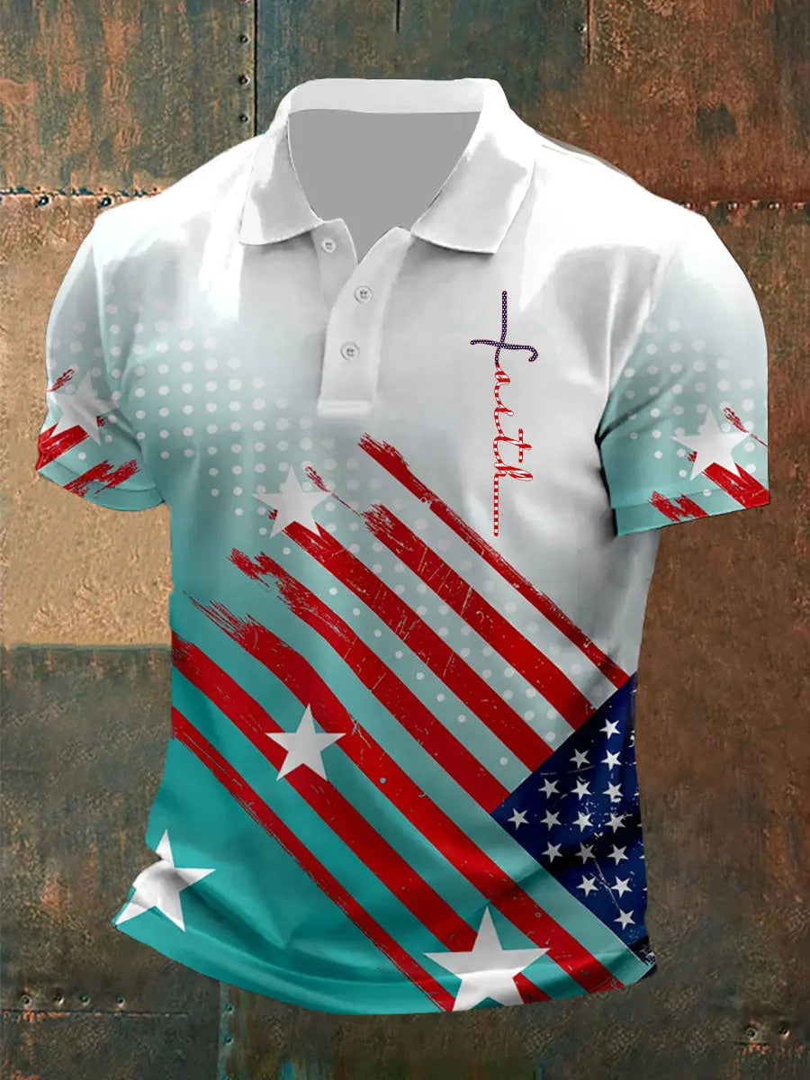 Men's Faith Cross American Flag Printed Casual Polo Shirt - gracestitchs